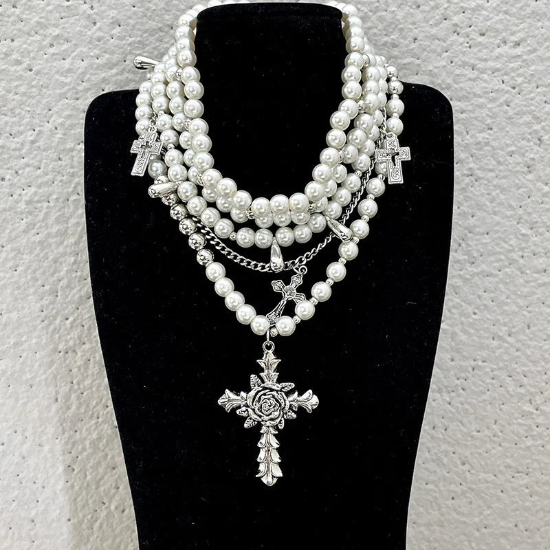 Rose Cross Faux Pearls Necklace