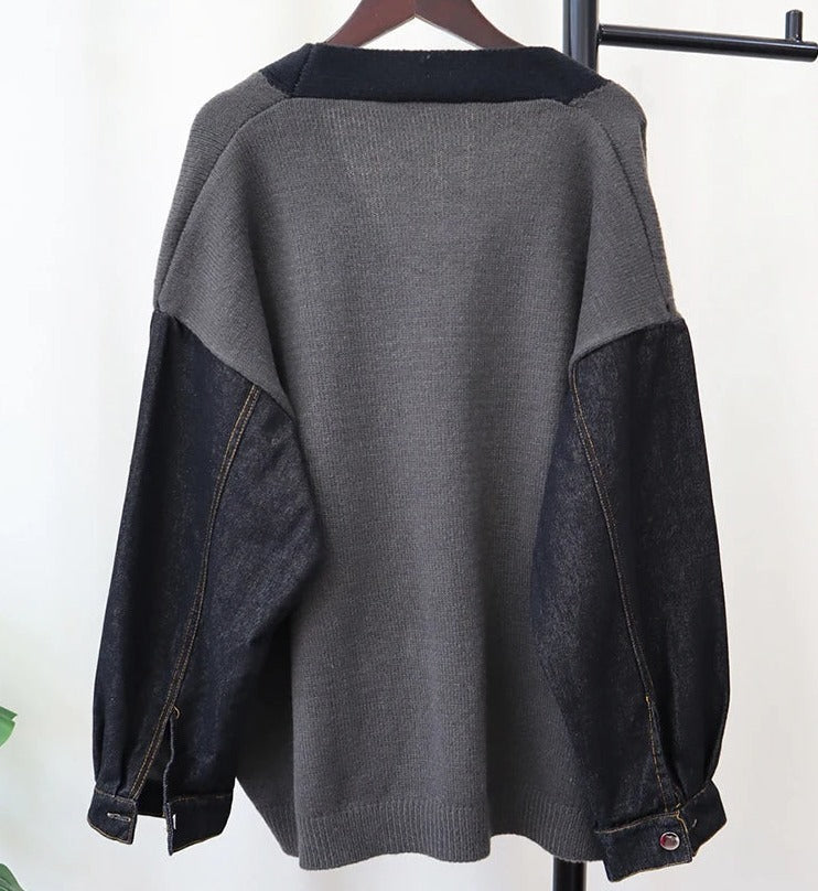 Denim Patch Pockets Loose Cardigan