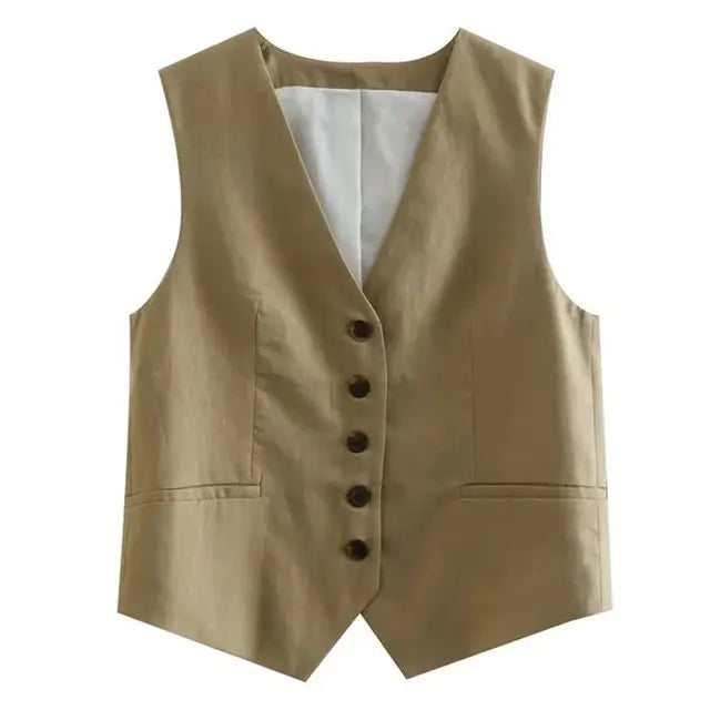 Solid Button Sleeveless Linen Vest + Shorts Set