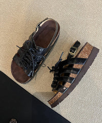 Brown Hollow Out Lace Up Splicing Platform Sandals Peep Toe