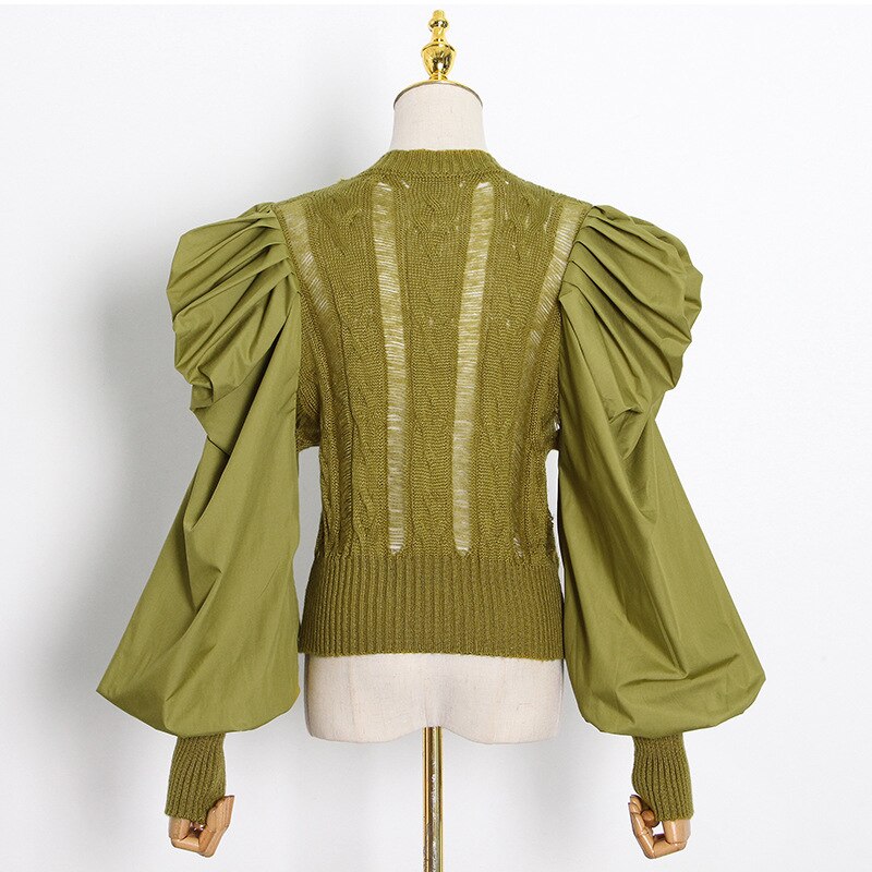 Puff Sleeves Spliced Knit Sweater