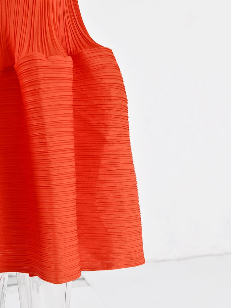 Pleated Short Sleeves Ruffle Dress