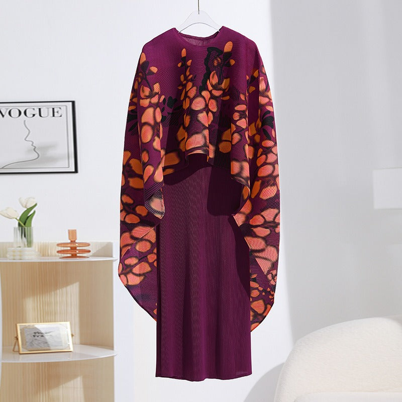 Pleated Printed Shawl+ Pleated Slim Dress