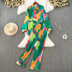 Multicolor Shirt+Pants Pleated Set