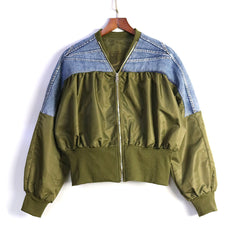 Pleated Color Block Denim Loose Jacket