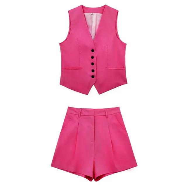 Solid Button Sleeveless Linen Vest + Shorts Set