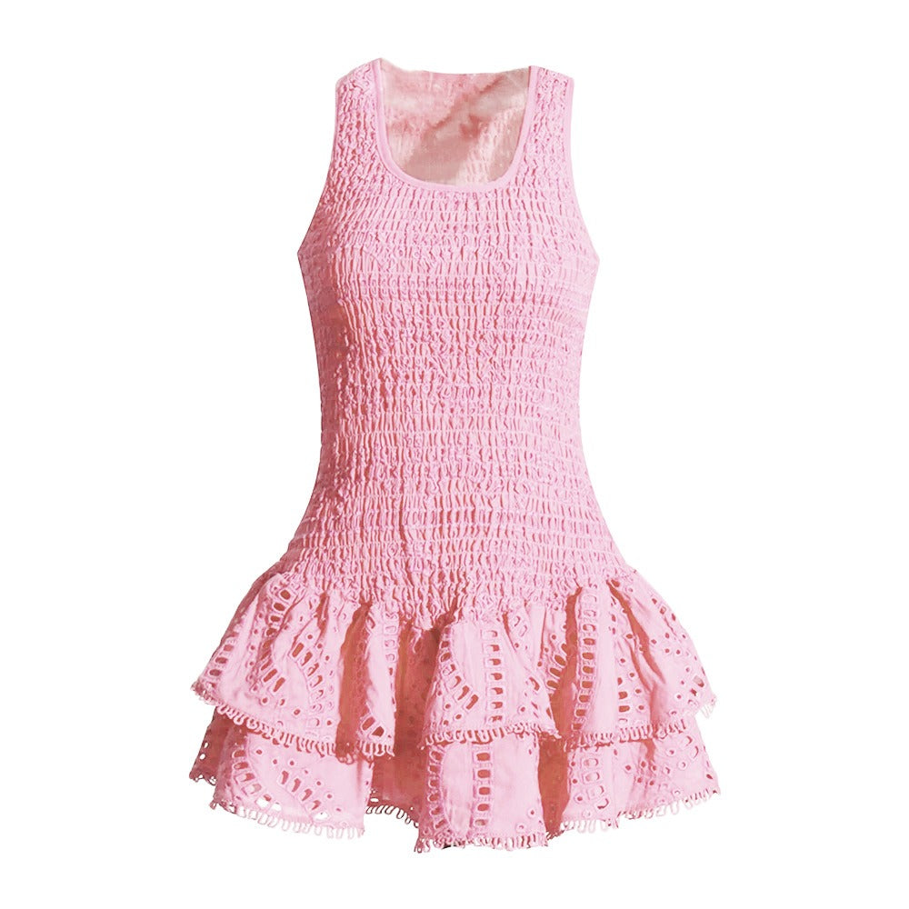 Elastic Waist Pleated Ruffled Mini Dress