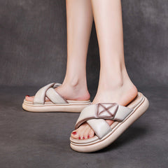 Sheepskin Leather Women Velcro Tape Flat Slippers