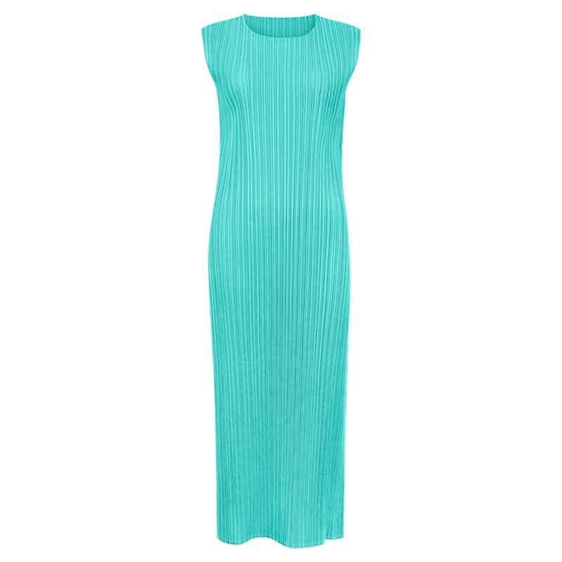 Solid Pleated Sleeveless Midi Dress