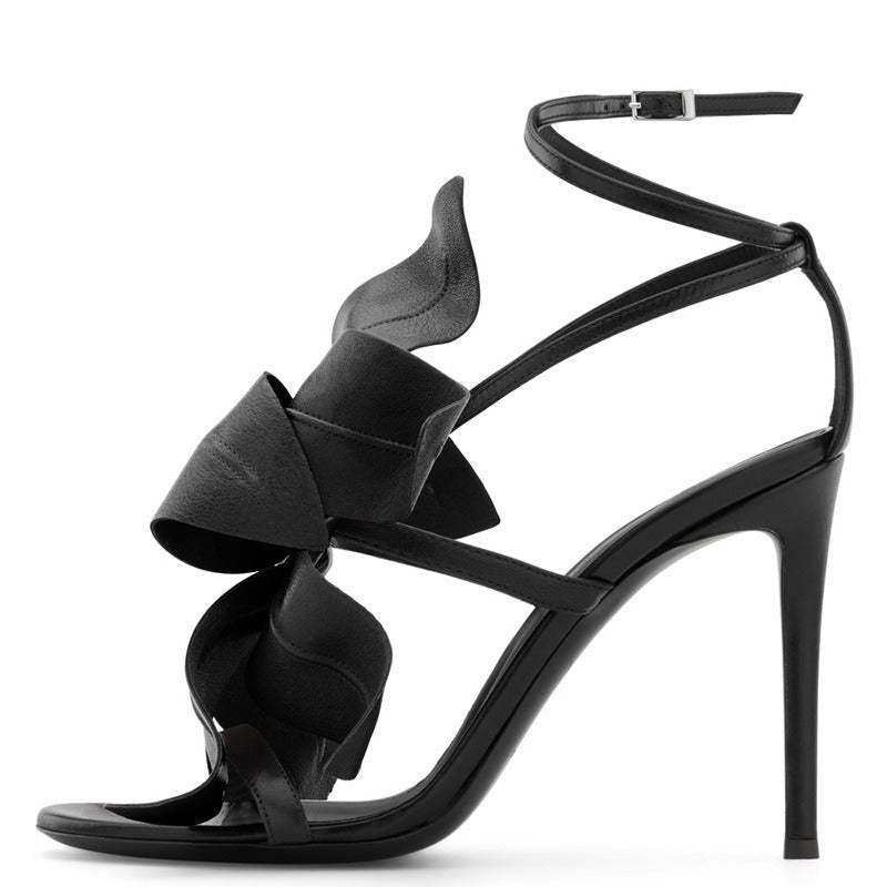 Pre Order:  Big Flower Embellished Ankle Wrap Thin Heel Sandals