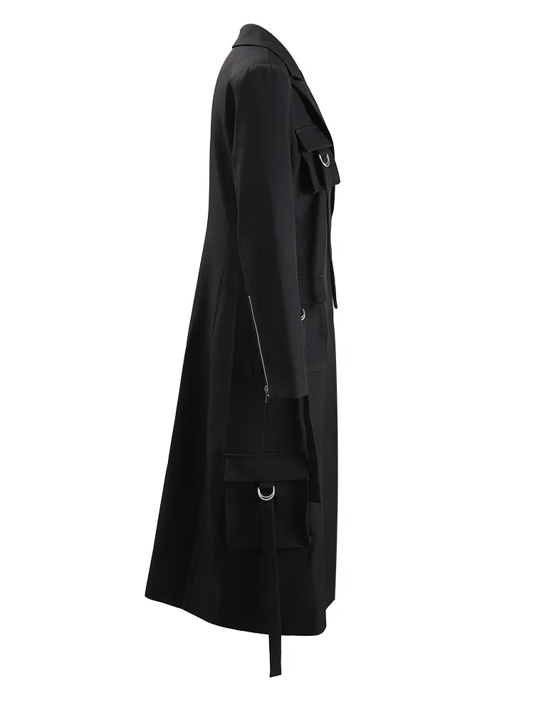 Multi Pockets Lapel Covered Button Trench Coat