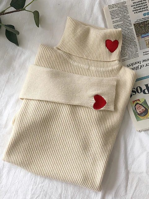 Hearts Turtleneck Ribbed Knitted Sweater