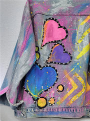 Colorful Heart Shaped Graffiti Hand Drawn Denim Jacket