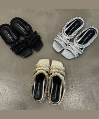 New Black Wrinkled Sheepskin Slide Sandals Peep Toe