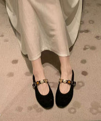 Black Women Woolen Splicing Flat Shoes Buckle Strap