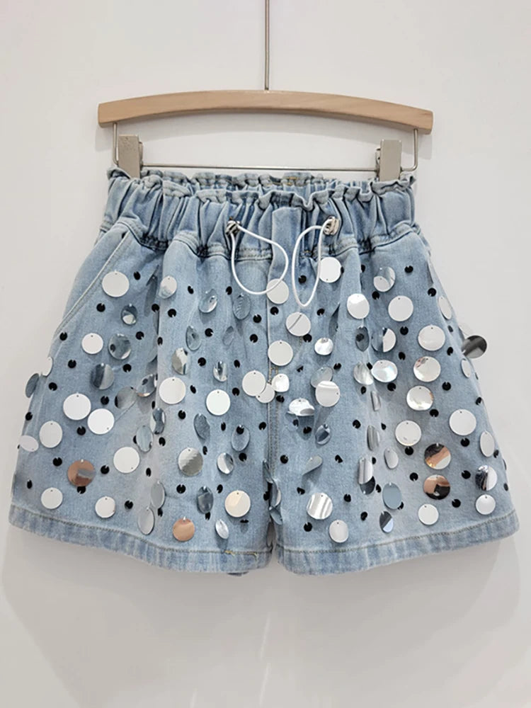 Elastic High Waist Wide Leg Big Sequins Shorts