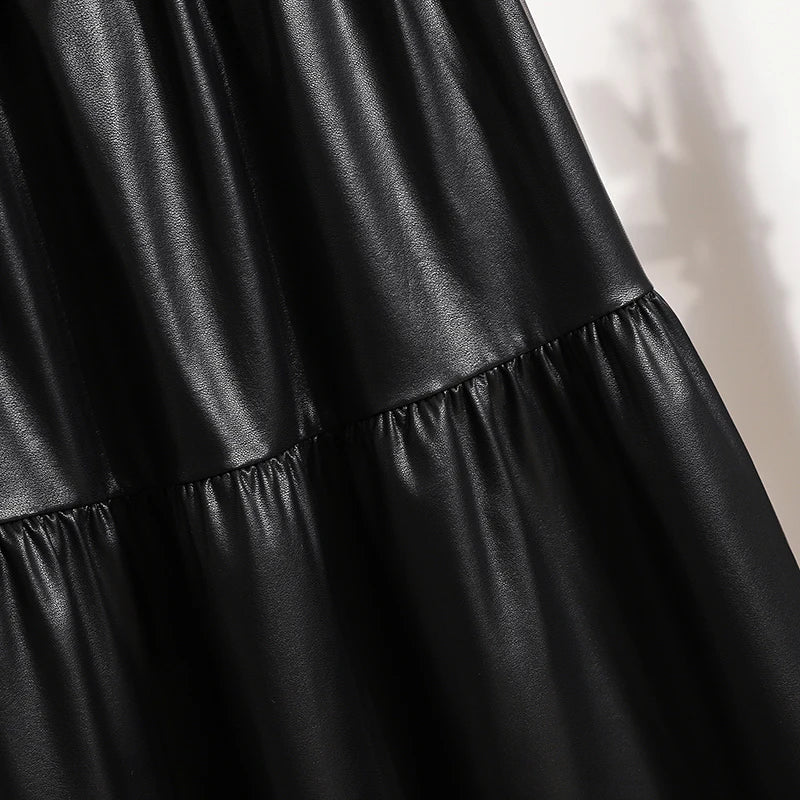 Splicing Soft Leather Elastic Waist Pleated Skirt