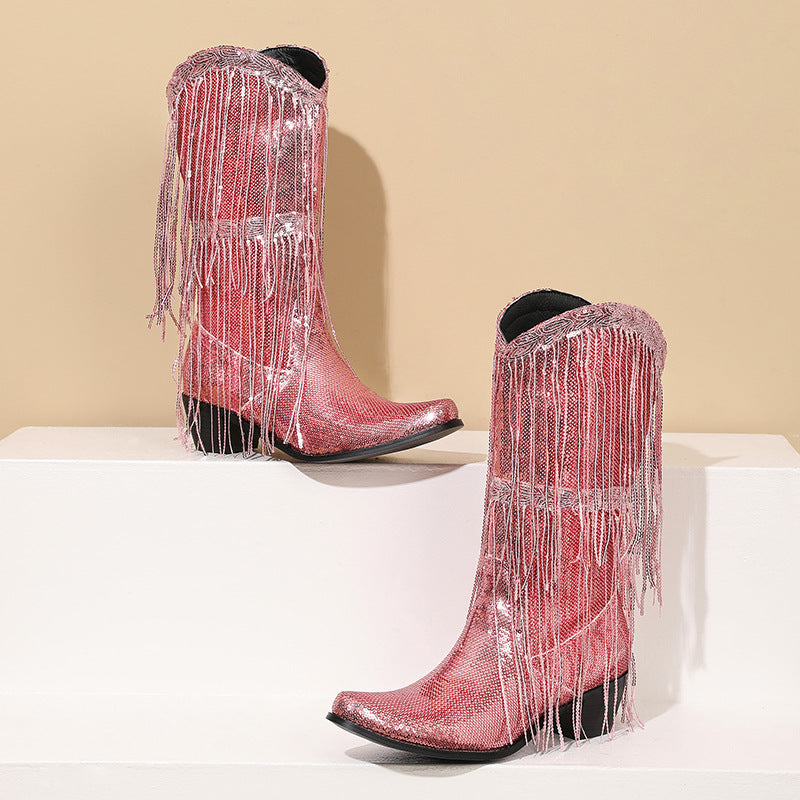 Curved Toe Sequin Tassel Mid-Calf Cowboy Boots