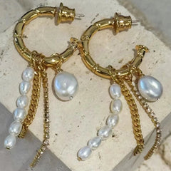 Vintage Pearl Pendant Zircon Fringe Earrings