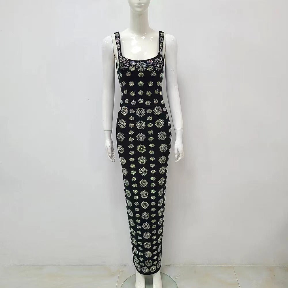 Diamond Embellishment Hip Wrapped Bandage Maxi Dress