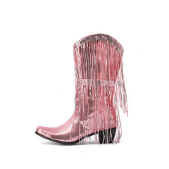 Curved Toe Sequin Tassel Mid-Calf Cowboy Boots