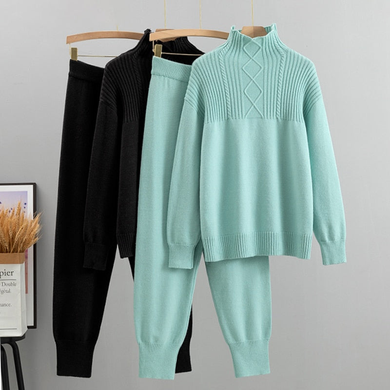 Solid Long Sleeve Knit Sweater + Loose Pants Set