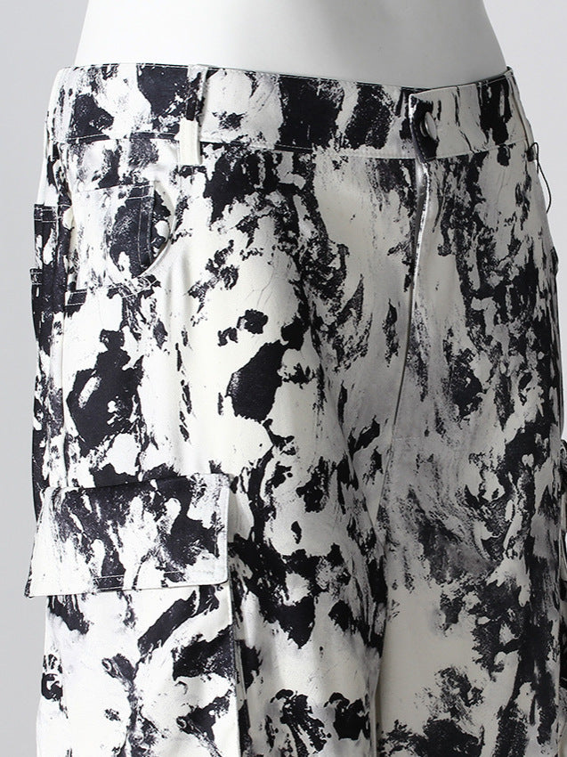 Multi Pockets Print Straight Loose Cargo Pants