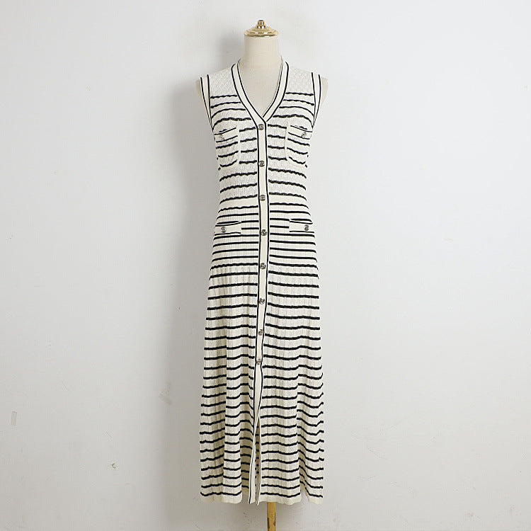 Classic Striped Sleeveless V-Neck Knitted Dress