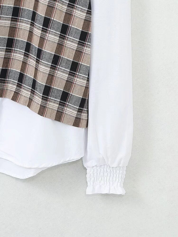 Mock 2-Piece Plaid Loose Top