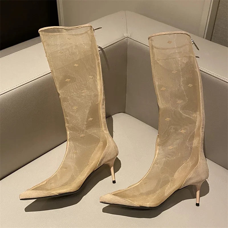 Mesh Knee-High Thin Heels Pointed Toe Boots