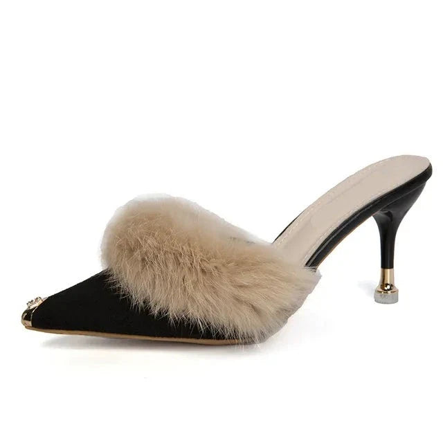 Metal Tip Faux Fur Mules