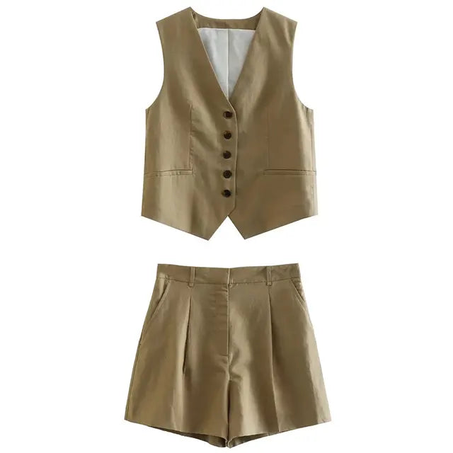 Solid Button Sleeveless Linen Vest + Shorts Set
