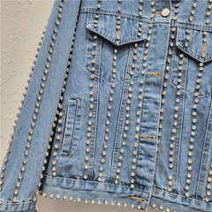 Full Body Nail Drill Lapel Loose Denim Jacket