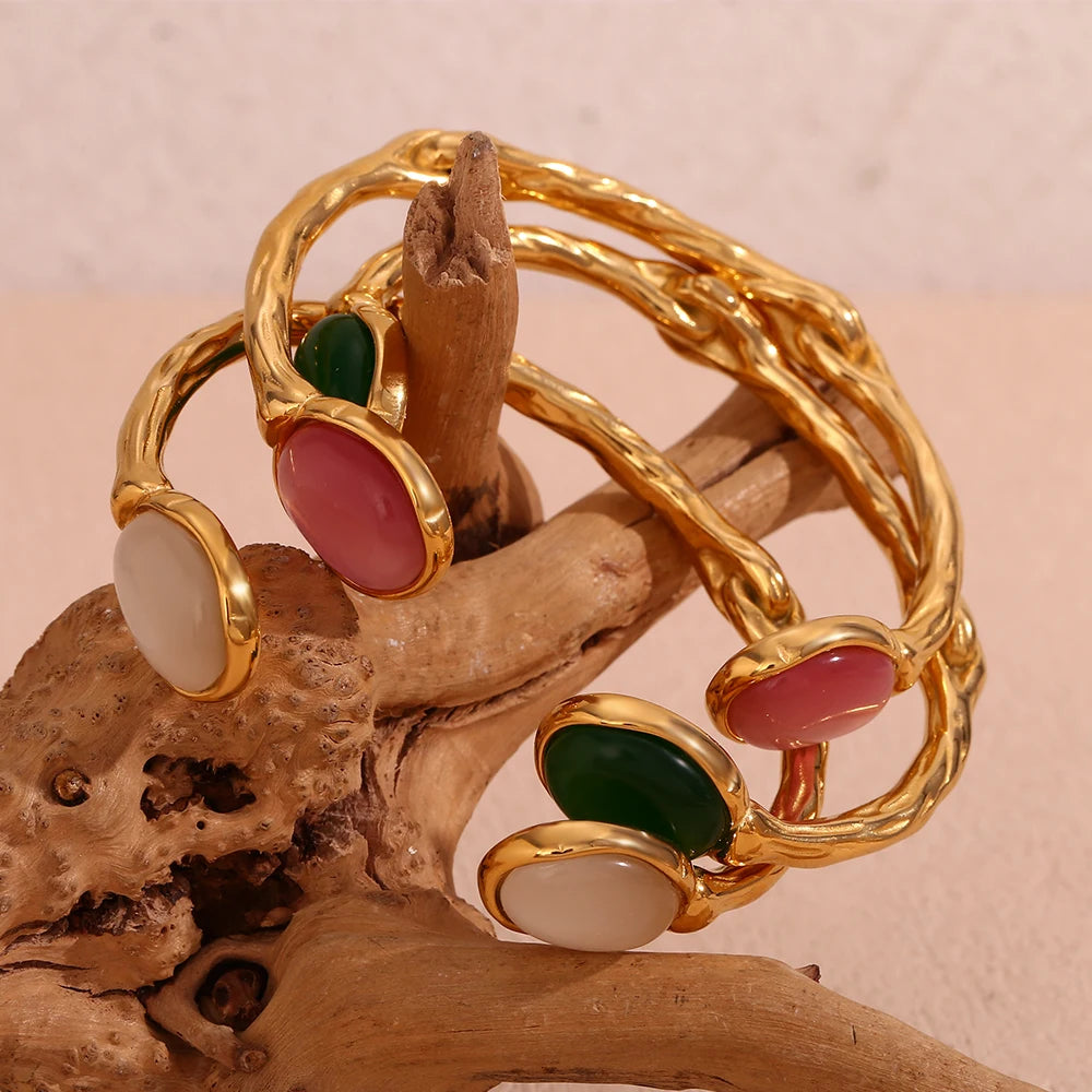Oval Agate Stone Stainless Steel Bracelet