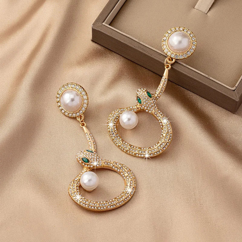 Snake Shaped Pearl Diamond Inlaid Earrings