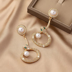 Snake Shaped Pearl Diamond Inlaid Earrings