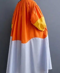 Tri-Color Lantern Sleeves Midi Dress