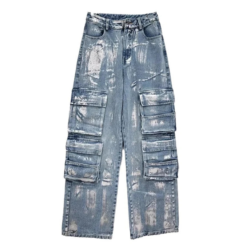 High Waist Straight Wide Leg Multiple Pockets Denim Pants