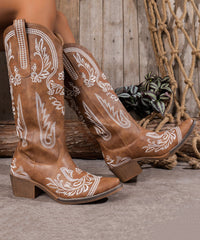 Boho Brown Embossed Solid Faux Leather Chunky Chunky Boots