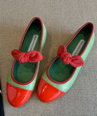 Boutique Bow Splicing Flat Feet Shoes Green Cowhide Leather