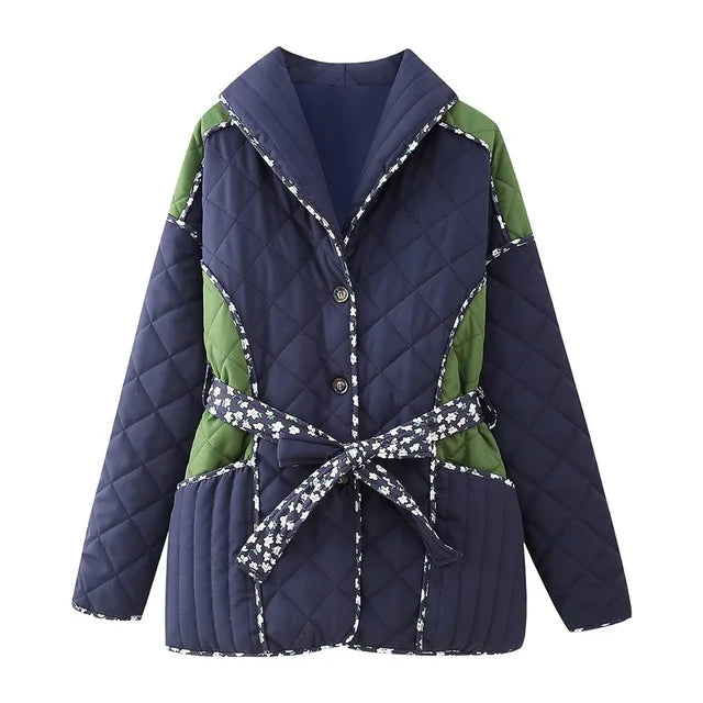 Puff Color Block Tie Waist Jacket