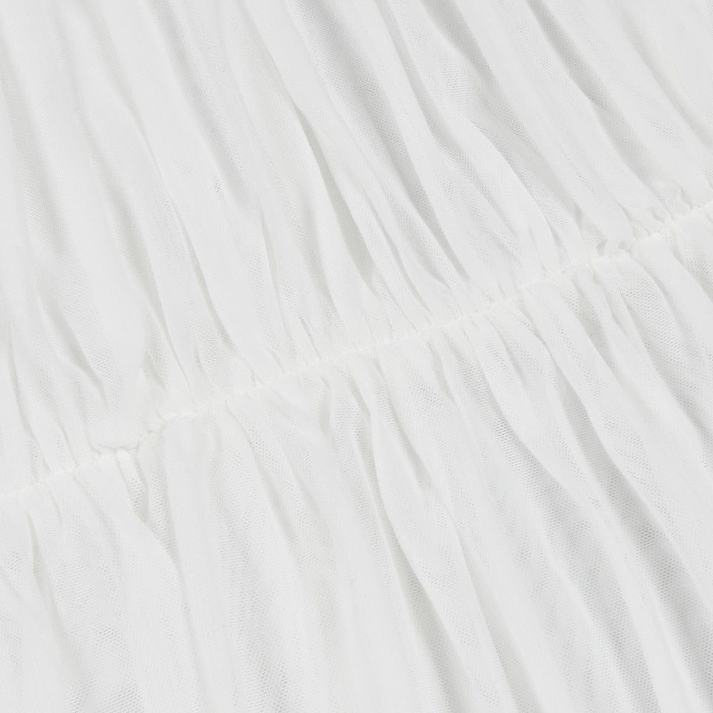 White Mesh Hanging Neck Ribbon Dress