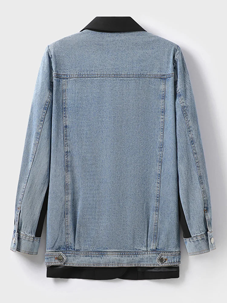 Denim Spliced Notched Collar Jacket