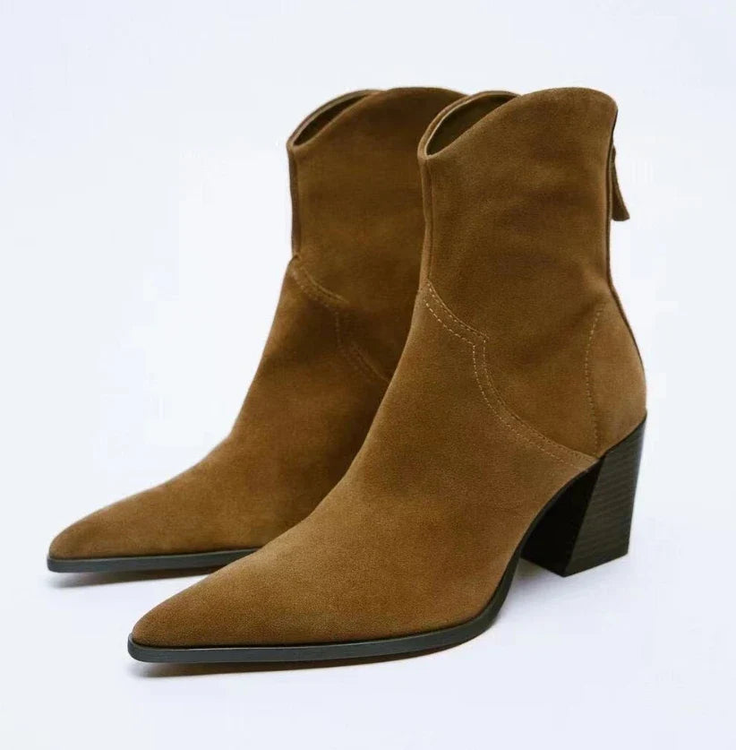 Retro Pointed Toe Chunky Heel Ankle Boots