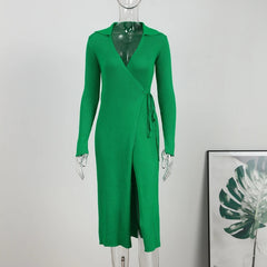 Ribbed Knitted Midi Wrap Dress
