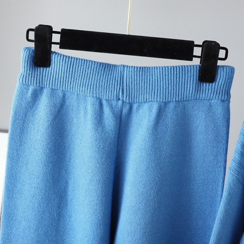 Solid Long Sleeve Knit Sweater + Loose Pants Set
