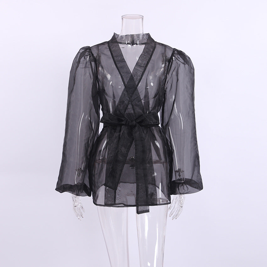 Mesh Lace Up Waist Bow Top