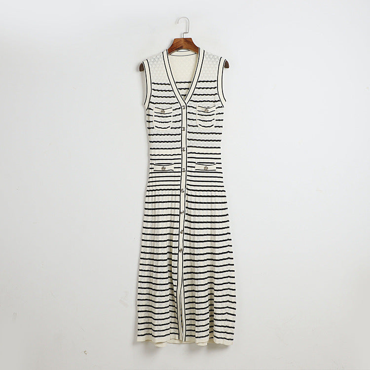 Classic Striped Sleeveless V-Neck Knitted Dress