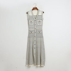 Classic Striped Sleeveless V-Neck Knitted Dress