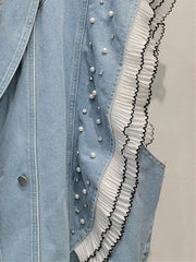 Denim Ruffled Edge Patchwork Pearl Loose Vest